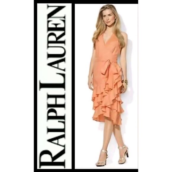 Ralph Lauren Coral WRAP Linen A-Line Ruffle Midi Dress $189 NWT - Picture 1 of 5